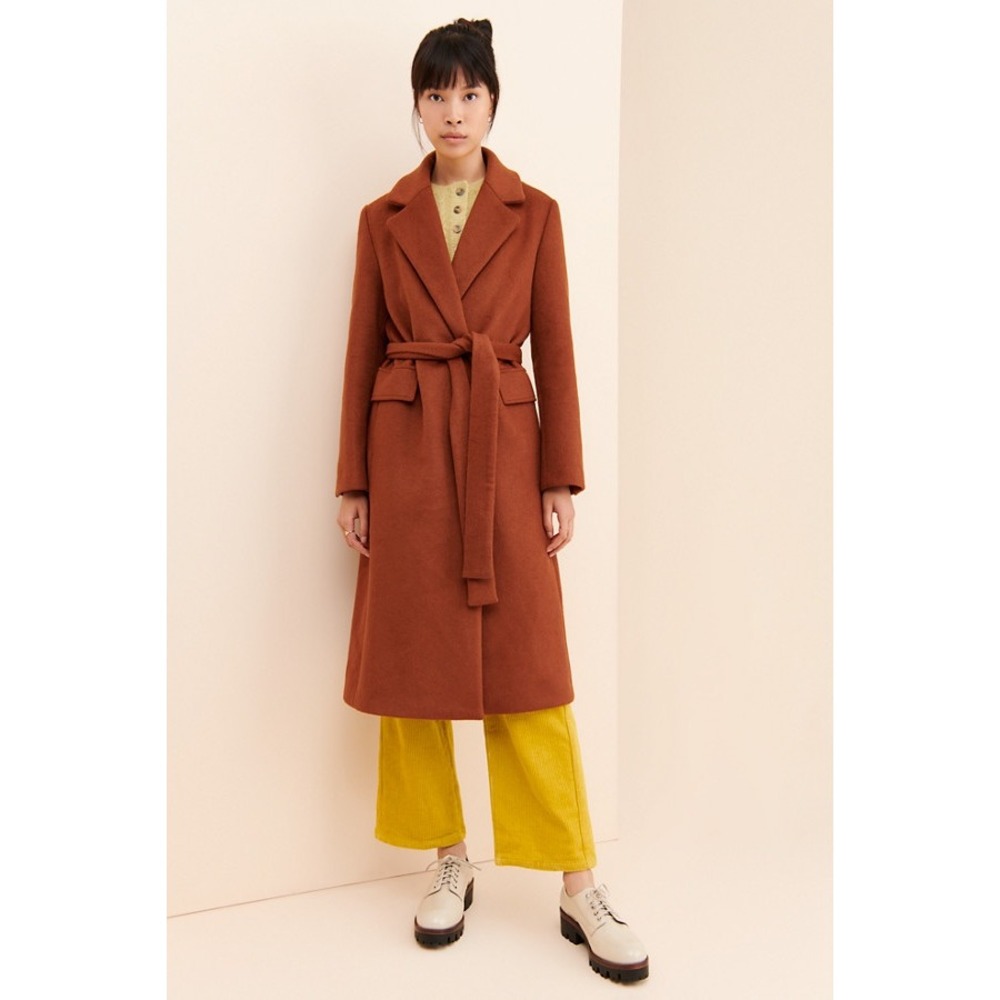 Dra Los Angeles Cinnamon Spice Belted Wrap Coat Longline Notched Lapel Lined S